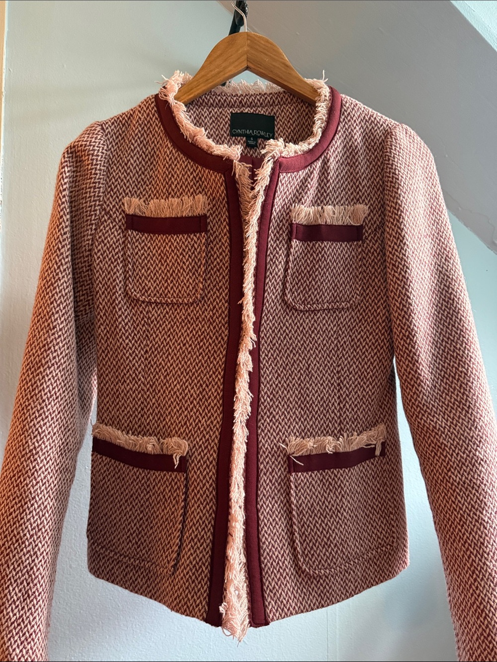 Cynthia Rowley Blush-Pink Fringe Trim Tweed Jacket